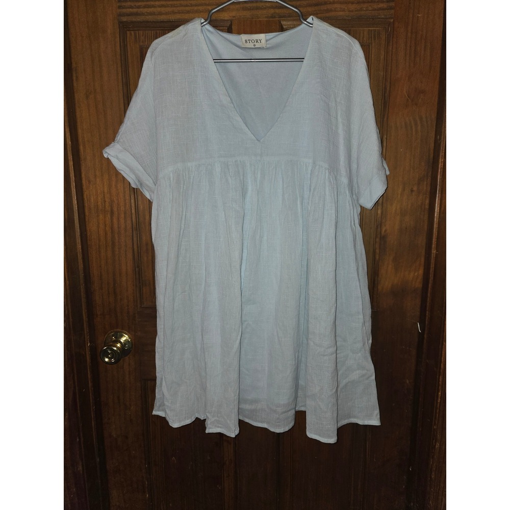 Story Womens Light Blue Cotton Gauze Babydoll Mini Dress V-Neck Size M Boho
